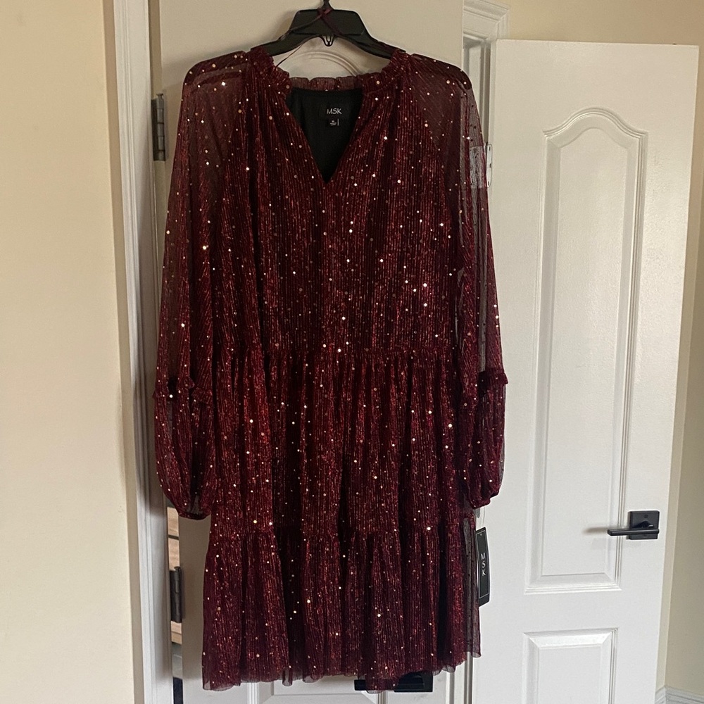 MSK Wine Sequin Long Sleeve Dress